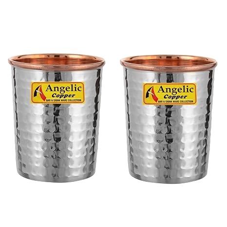 Angelic Copper Steel Hammered Glasses Set,260 ml, Set of 2, Brown