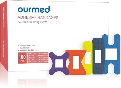 ourmed Fabric Plasters Non-Stick Pad Latex Free Rainbow Colors 100 Count