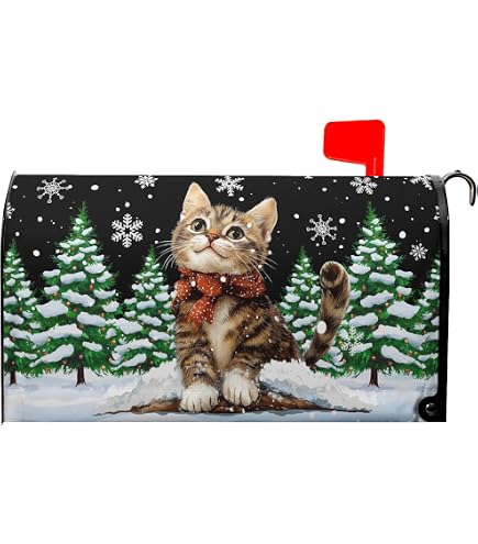Texupday Merry Christmas Cute Cat Kitten Decoration Mailbox Cover with Magnetic Strip Winter Mailbox Wraps Post Letter Box Cover Standard Size 21 X 18 Garden Outdoor Yard Decor