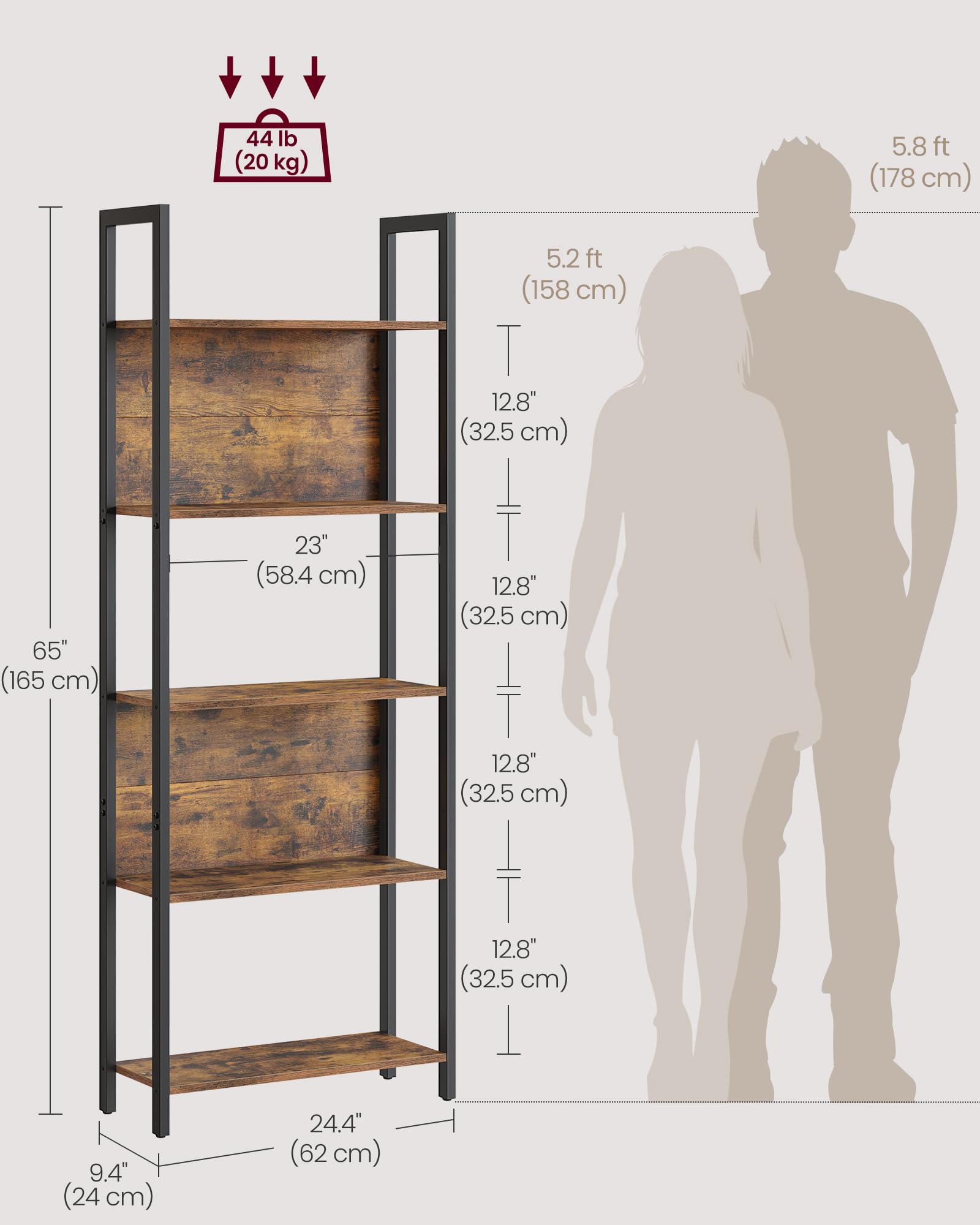 VASAGLE 5-Tier Bookshelf, Book Shelf, Industrial Bookcase, with Steel Frame, for Living Room, Home Office, Bedroom, 9.4 x 24.4 x 65 Inches, Rustic Brown and Black ULLS025B01