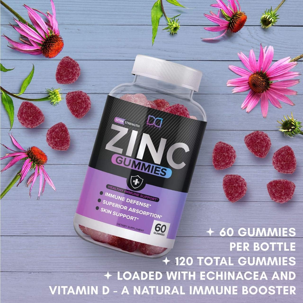 (120 Gummies) Zinc 50mg Supplements Chewable Gummies w Vitamin D3 Echinacea Vitamins for Adults Kids, Zinc Gummy for Immune System Support Alternative to Liquid Drops Lozenge Capsule, Package May Vary: Health & Personal Care