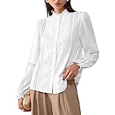 HERYEA Women Lace Eyelet Button Linen Blouse,Puff Sleeves Cute Shirt Casual Top