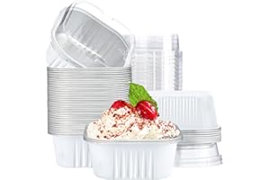 EUSOAR Disposable & Reusable Aluminum Foil Ramekins with Lids, White, 10oz (300ml), Rectangular, 50pcs, Perfect for Creme Bru