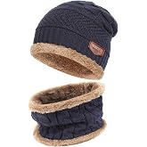 FZ FANTASTIC ZONE Mens Womens Winter Beanie Hat Scarf Set Warm Knit Thick Fleece Lined Skull Cap Neck Warmer for Men Women