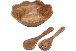 Gibson Home Sandhurst 3-Piece Acacia Wood Salad Bowl Set – 12-Inch Scalloped Serving Bowl with Wooden Salad Servers – Natural