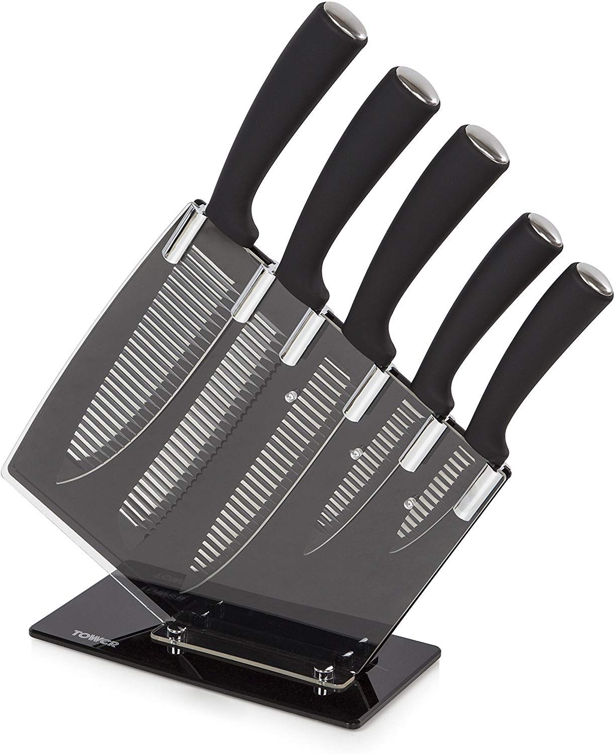 Tower 5 Piece Knife with Acrylic Stand, Non-Stick Coating, Black, T80706