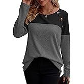 Zeagoo Women Waffle Knit Shirts Long Sleeve Colorblock Tee Button Detail Tunics