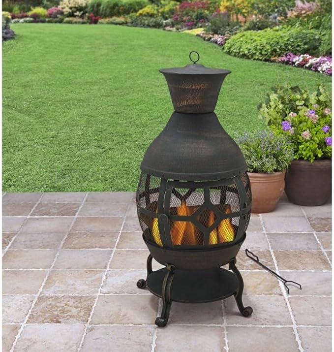 Amazon Com Antique Bronze 360 Degree View Of Fire 360 Degree View Of Fire Big Size Poker Included Cast Iron Chiminea With Nylon Cover Dimensions 22 8lx22 8wx45 7h Garden Outdoor