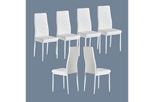JT Modern Minimalist Dining Chair Fireproof Leather Sprayed Metal Pipe Diamond Grid Pattern Restaurant Home Conference Chair Set of 4 Or 6 (6, White)