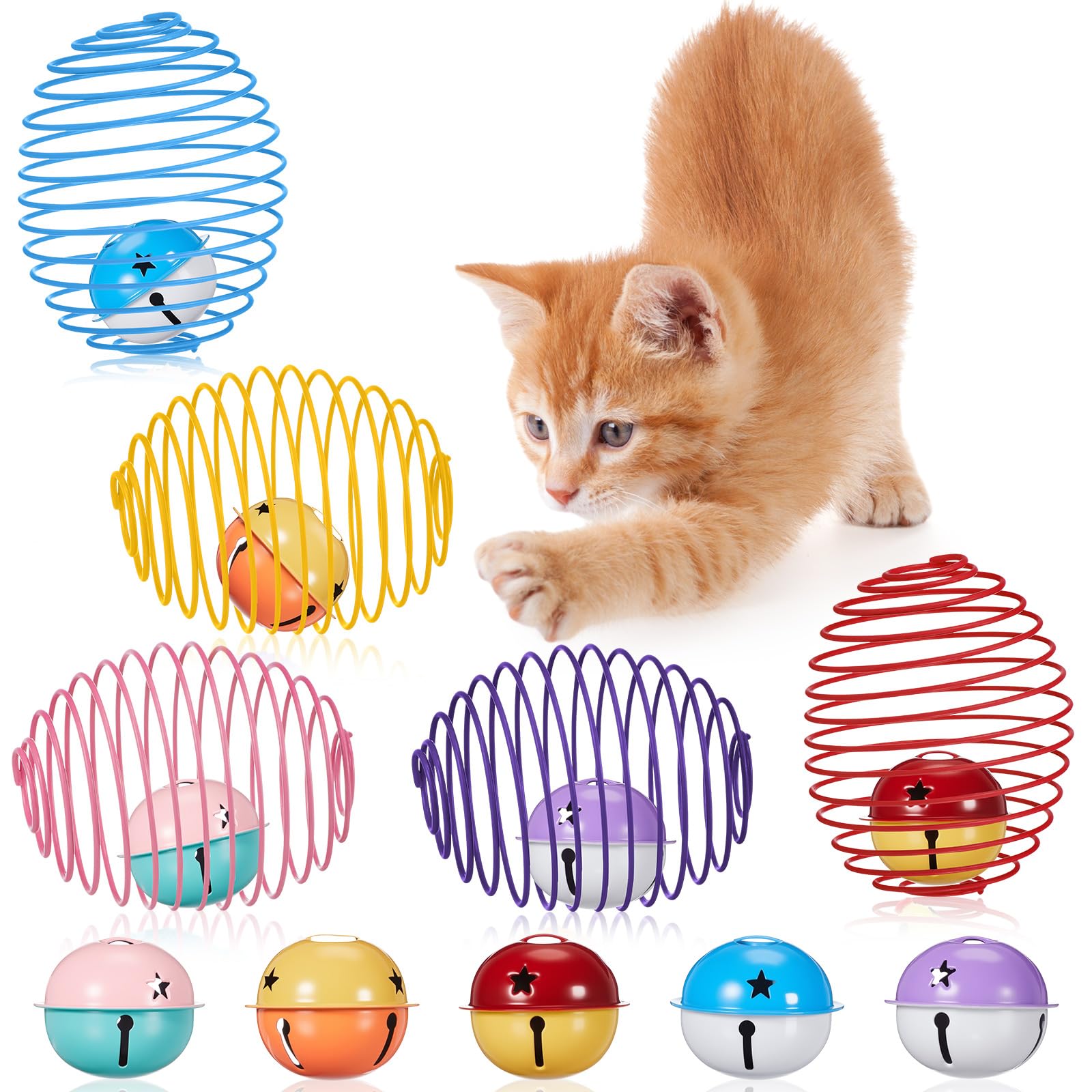 Photo 1 of Jecery 5 Pcs Cat Spring Balls Stretchable Springs Toys Rolling Balls Colorful Playful Coils Interactive Spring Action Toy Caged Rats for Kitten Cat Pet Supplies Indoor (Bell,Multicolor)