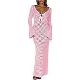 Saodimallsu Womens Crochet Maxi Cover Up Dress Beach Swim Vacation Coverups Long Sleeve Sexy Bodycon Summer Knit Dresses