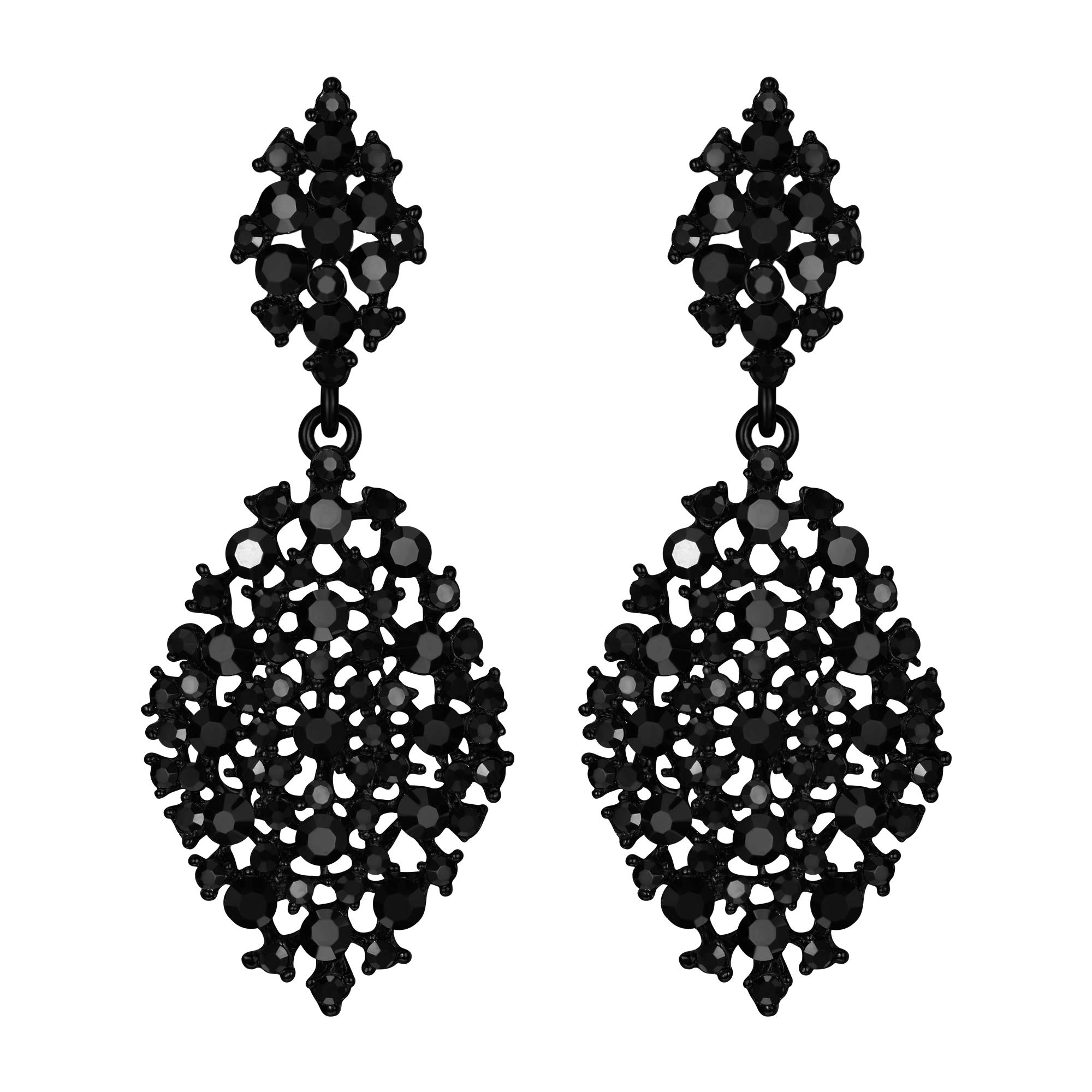 EVER FAITH Women's Austrian Crystal Party Hollow-out Teardrop Pierced Dangle Earrings Black Black-Tone