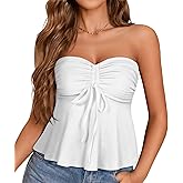 Tube Tops for Women Strapless Tie Front Ruched Tops Peplum Flared Hem Casual Bandeau Top