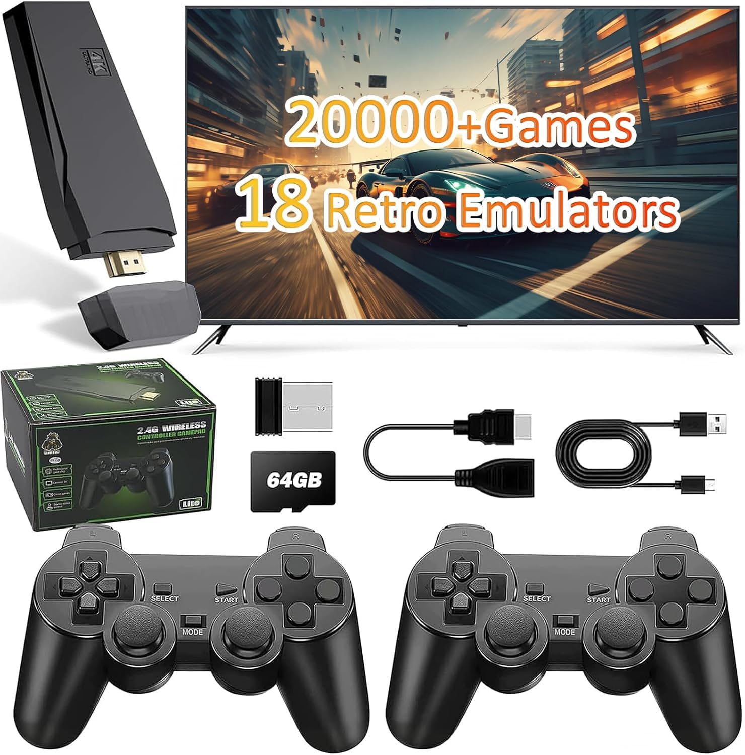 Photo 1 of Retro Game Console,Wireless Controller and 64G Storage for Plug and Play Retro Video Games on TV, 9 Emulators, 20000+ Games, 4K HDMI, 2.4G
