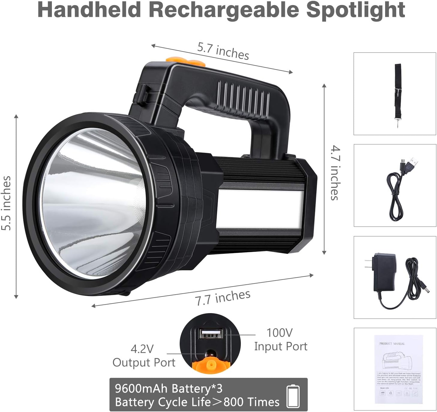 Spotlight Super Bright LED Handheld Flashlight 6000 Lumen Super Bright Waterproof 6 Lighting Modes Side Searchlight 9600MAh Large Battery Rechargeable Spot Light with Foldable Tripod - - 