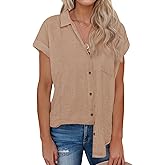 siliteelon Linen Shirts for Women Button Down Shirts Short Sleeve Cotton Collared V Neck Solid Casual Blouses with Pocket