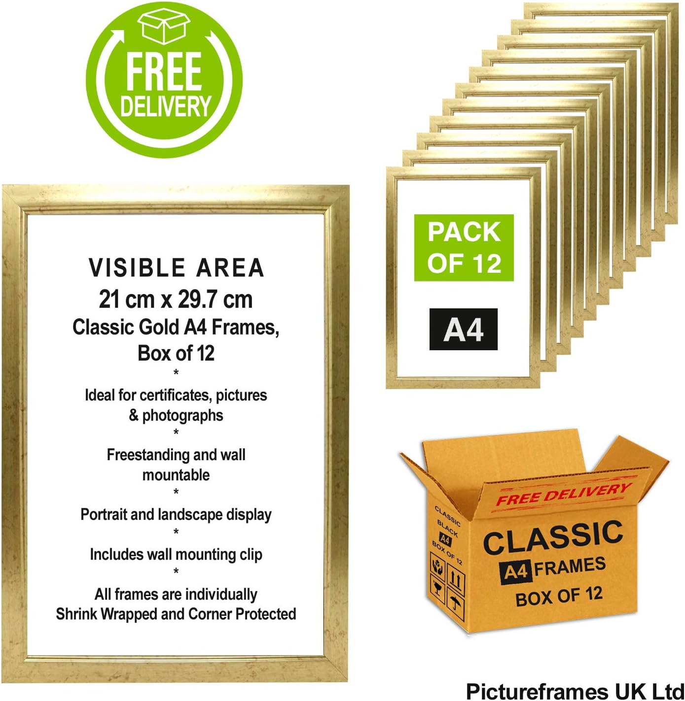 Box of 12 Gold A4 Photo Frames, Picture Frames, Certificate Frames, Freestanding and Wall Mountable