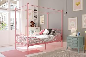 DHP Metal Canopy Kids Platform Bed with Four Poster Design, Underbed Storage Space, No Box Sring Needed, Twin, Pink