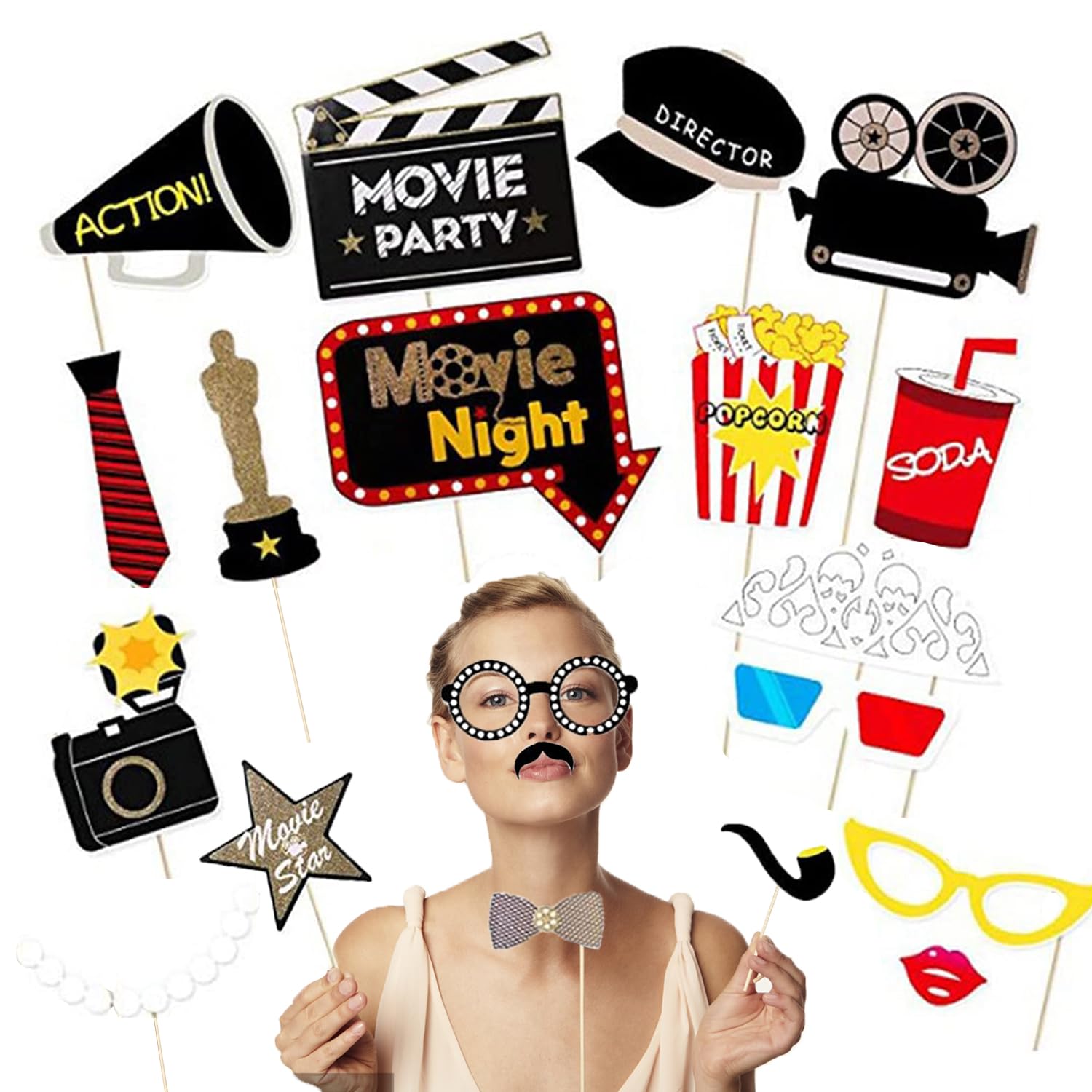 21-Piece Hollywood Movie Night Photo Booth Props Kit - Fun and Stylish Party Accessories