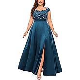 MISSMAY Women's Plus Size Sequin Lace Off Shoulder Satin Slit Formal Evening Party Maxi Dress