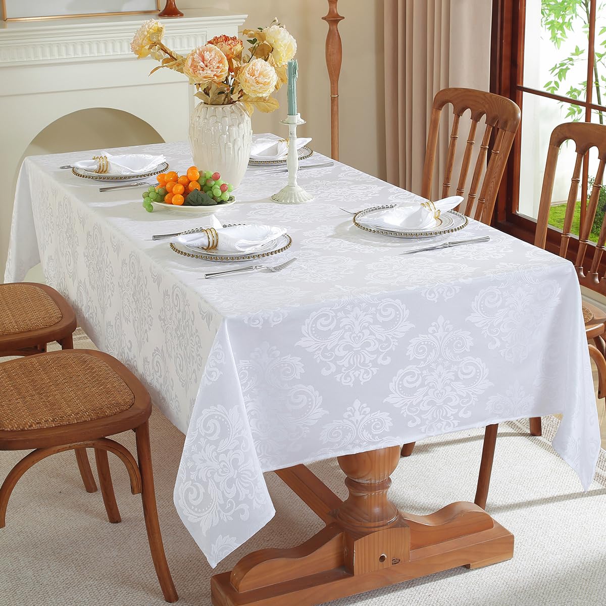 Damask White Tablecloth Rectangle 52 x 70 Inch, Floral Jacquard Waterproof Stain Resistant Polyester Table Cloth, Fabric Table Cover For Dining/Party/Wedding/Indoor/Outdoor, Oblong 4-6 Seats