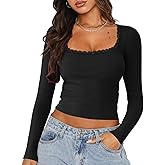 NODHUT Women's Long Sleeve Crop Top Sexy Square Neck Going Out Tops Cute Ribbed Knit Bow Knot Lace Patchwork T Shirts