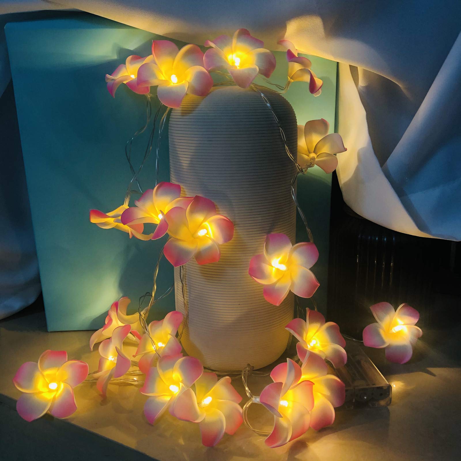 YOLIGHT Artificial Plumeria String Lights, Foam Frangipani Led Fairy Lights Battery Operated Egg Flower Lights for Bedroom Home Wedding Hawaiian Beach Party Hair Decor (Frangipani-Pink, 9.8FT/20LED)