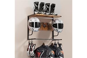 OMISRUIS Motorcycle Helmet Holder Wall Mounted, Helmet Rack Wall Mount with Helmet Rack, 4 Glove Chips and 4 hooks, Rustic Helmets Holder and Motorcycle Helmets Racks for Most of Helmet and Clothes