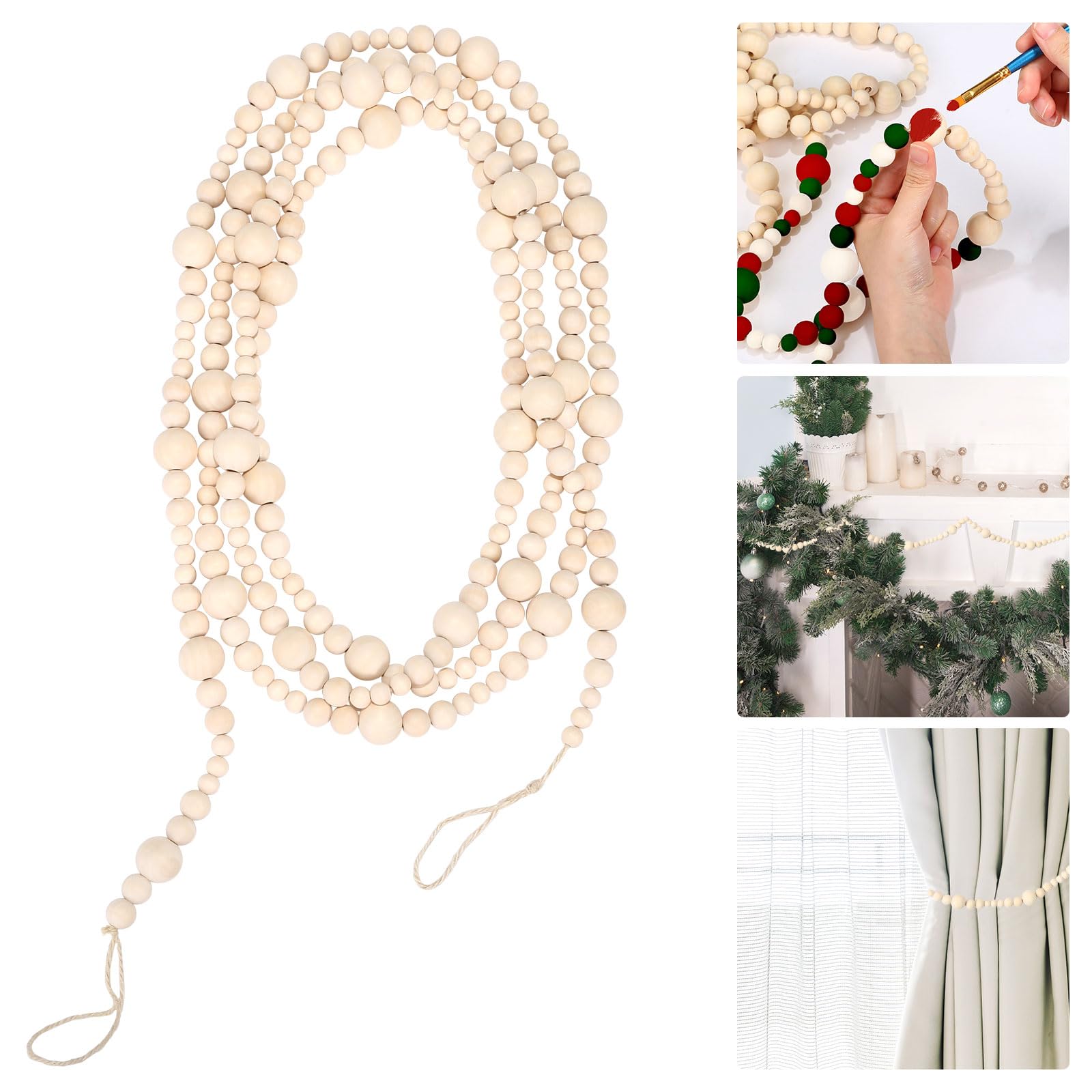 GWHOLE 11.8ft Christmas Wood Bead Garland Beige Decor Natural Rustic Wooden Garland for Xmas Tree DecorFarmhouse Wreath Mantle Wall Hanging Holiday Decoration
