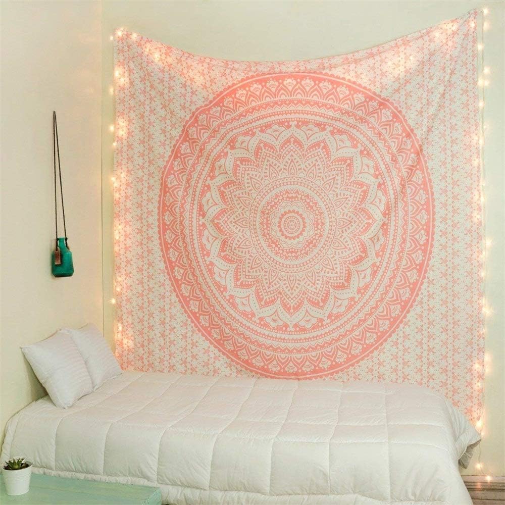 Vhong Wall Tapestry Mandala Pattern Bohemian Lotus Flower Pink Spring Summer Home Decor Tapestry Wall Hanging Decoration for Living Room Bedroom Dorm Micro Fiber Peach Superior Durable Material