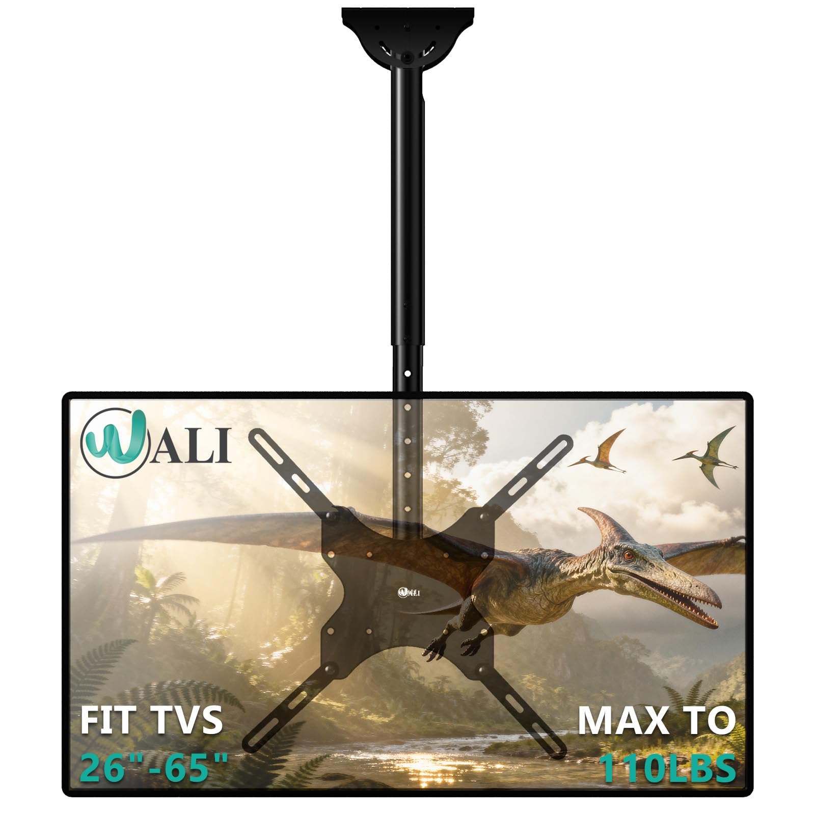 WALI TV Ceiling Mount, Adjustable Tilt Swivel Ceiling TV Bracket for 26 to 65 Inch Flat Screen, Holds Up to 50 kg, Max VESA 400x400mm, Support Flat and Sloped Ceiling, Black (CM2665)