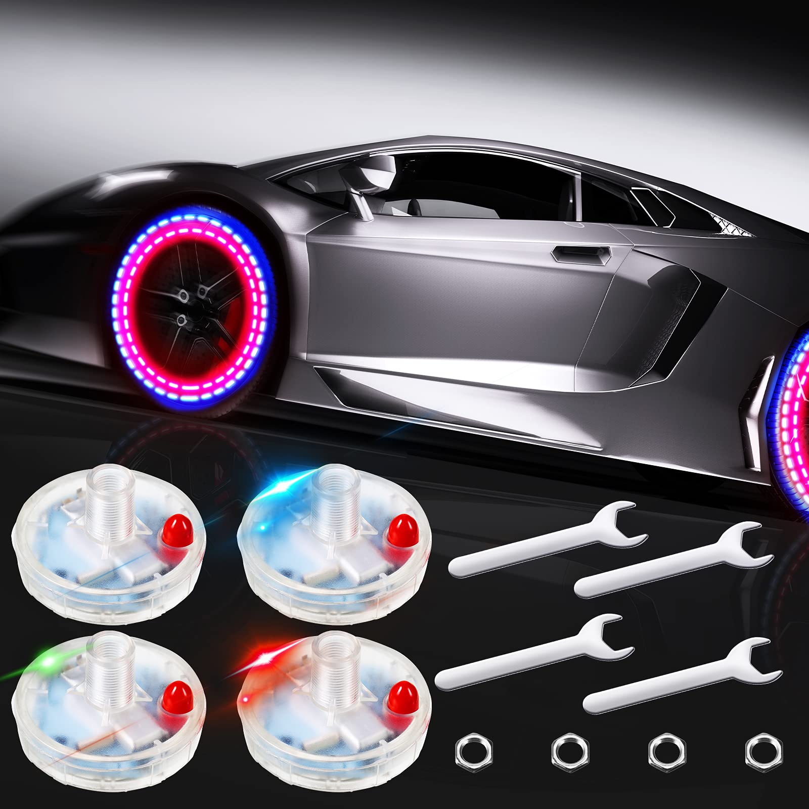 Photo 1 of 4 Pieces Car Tire Lights Wheel Valve Stem Lamp Cap Lights Car Solar Led Tire Lights Solar Energy Flashing Lights for Vehicles Car Motorcycles Bicycles
