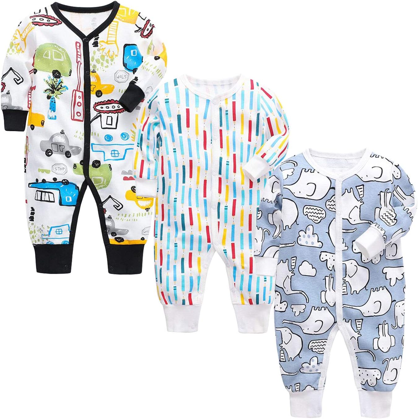 Newborn Baby Boy Girl Footless Pajamas 3-Pack Cotton One-Piece Coveralls Jumpsuits Sleeper Romper