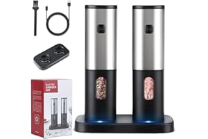 Electric Salt and Pepper Grinder Set Rechargeable, HOMCYTOP Automatic Salt & Pepper Mill Refillable with Storage Base, USB Cables, Blue LED Light, One Hand Operation, 2 Adjustable Coarseness Mills