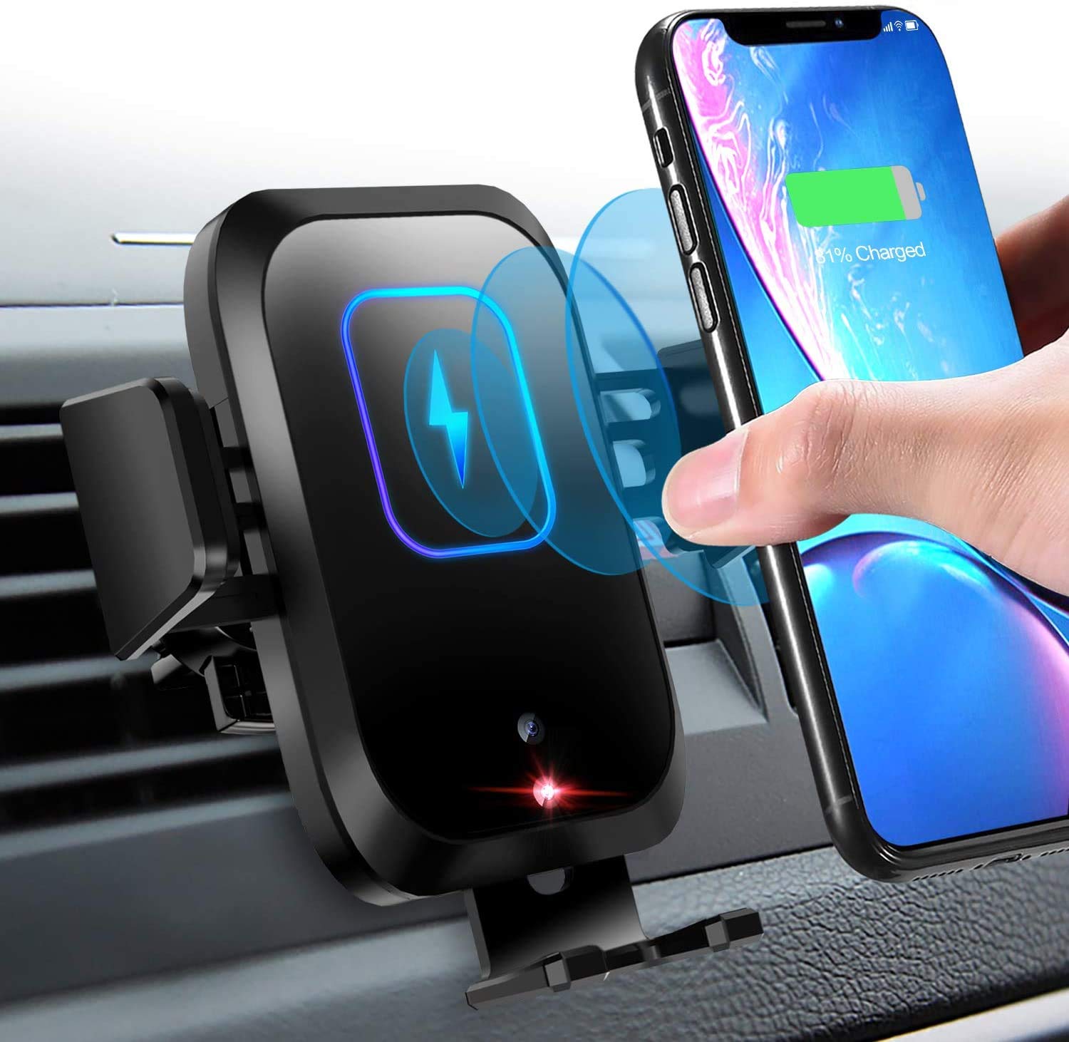 Libershine Wireless Car Charger, Auto-clamping Car Phone Mount, Qi 15W Fast in Car Wireless Charger Automatic Sensor Compatible with iPhone 8/8 Plus/X/XR/XS Max, Galaxy Note9/S9 and More