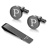 LOYALLOOK Black Initial P Cufflinks and Tie Clip