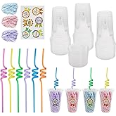 30 Set Creative Happy Birthday Gifts from Teacher Students Birthday Cups with Lids Colorful Straws Stickers and Raffia Disposable Plastic Cups for Reward Kids Prize Classroom Party Supplies