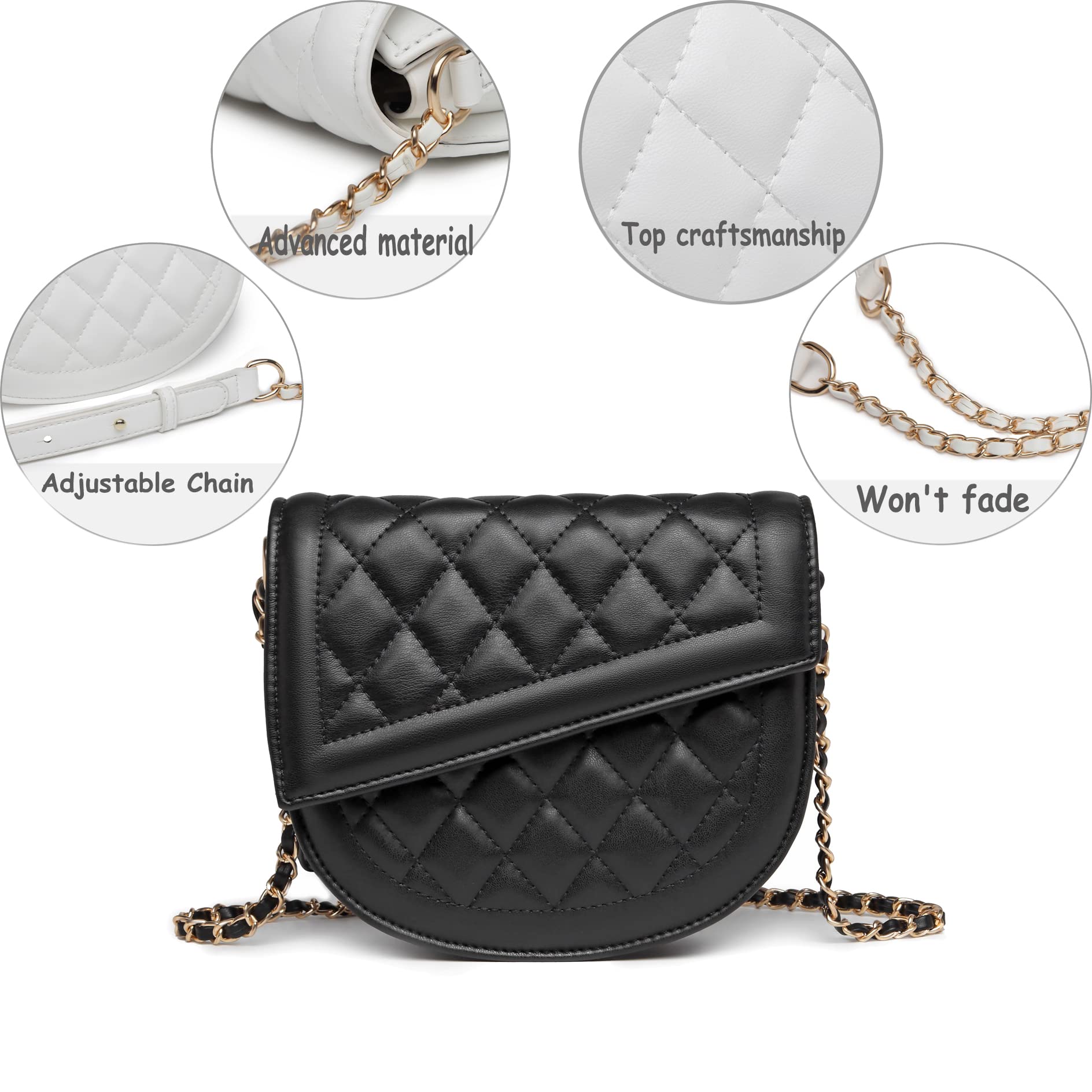 Hxixi Damen Schultertasche mit diagonaler Klappe, gesteppt, Kette, Leder, Crossbody-Tragetasche, Schwarz , Medium