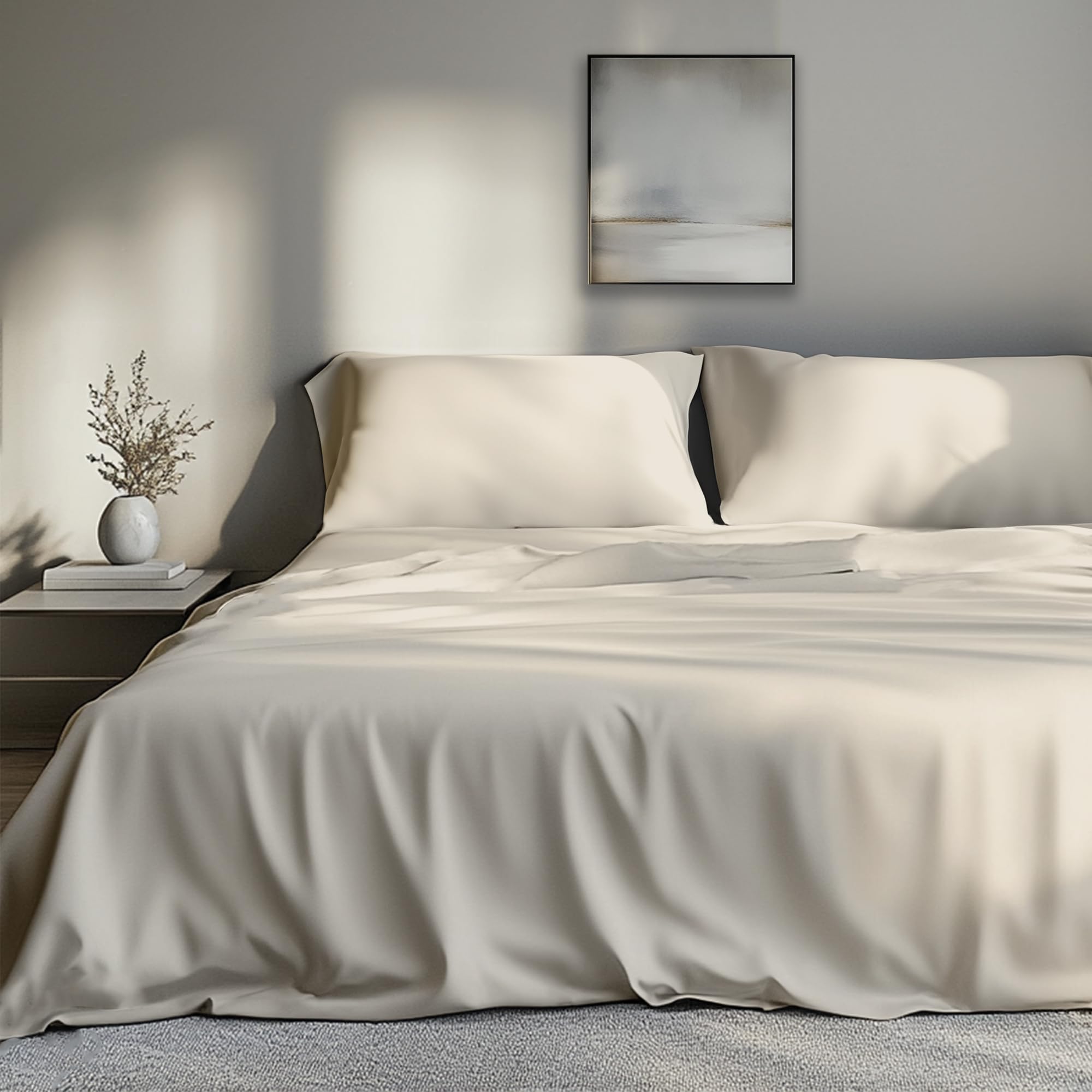 EKOSCIOUS 100% Eucalyptus Tencel Sateen Bed Sheet Set with 2 pillowcase, Double Size, 18 Inch Deep Pocket | (Ivory) - Cool & Softer than Bamboo and Silk Sheets