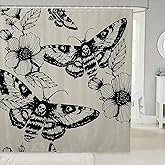 Gothic Skull Bathroom Shower Curtain Set Decorative Death Moth and Flowers Bath Curtain Kids Stalls Decor Pesonalized Skeleton Bones Shower Curtain Black Cream Waterproof Bathroom Curtains 72