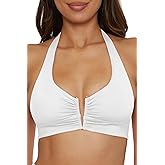 BECCA Color Code - Women's V-Wire Shirred Bikini Top, Adjustable, Tie Back, Swimwear Separates for Women, White, Large