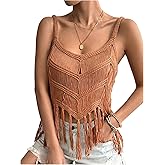 OYOANGLE Women's Tassel Trim Sleeveless Crochet Fringe Top V Neck Asymmetrical Hem Tank Tops
