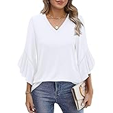 OFEEFAN Blouses for Women Dressy Casual 3/4 Length Sleeve Womens Tops V Neck Tshirts Shirts with Flared Sleeve