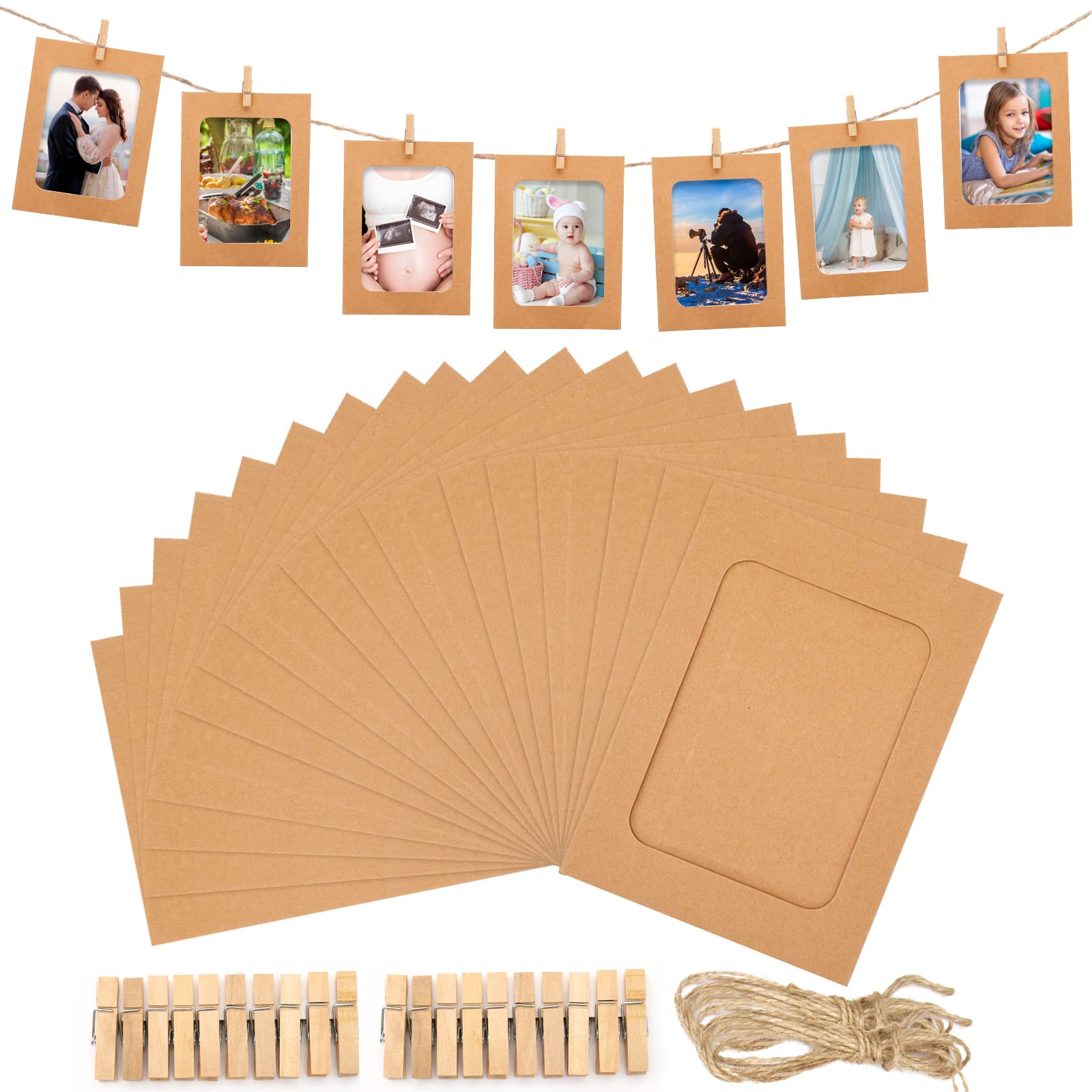 jijAcraft 20Pcs Paper Photo Frames, 4.5" x 6" Paper Picture Frame With Wooden Clips and String, DIY Creative Hanging Photo Frames Kit for Home Office Restaurant Wall Decor