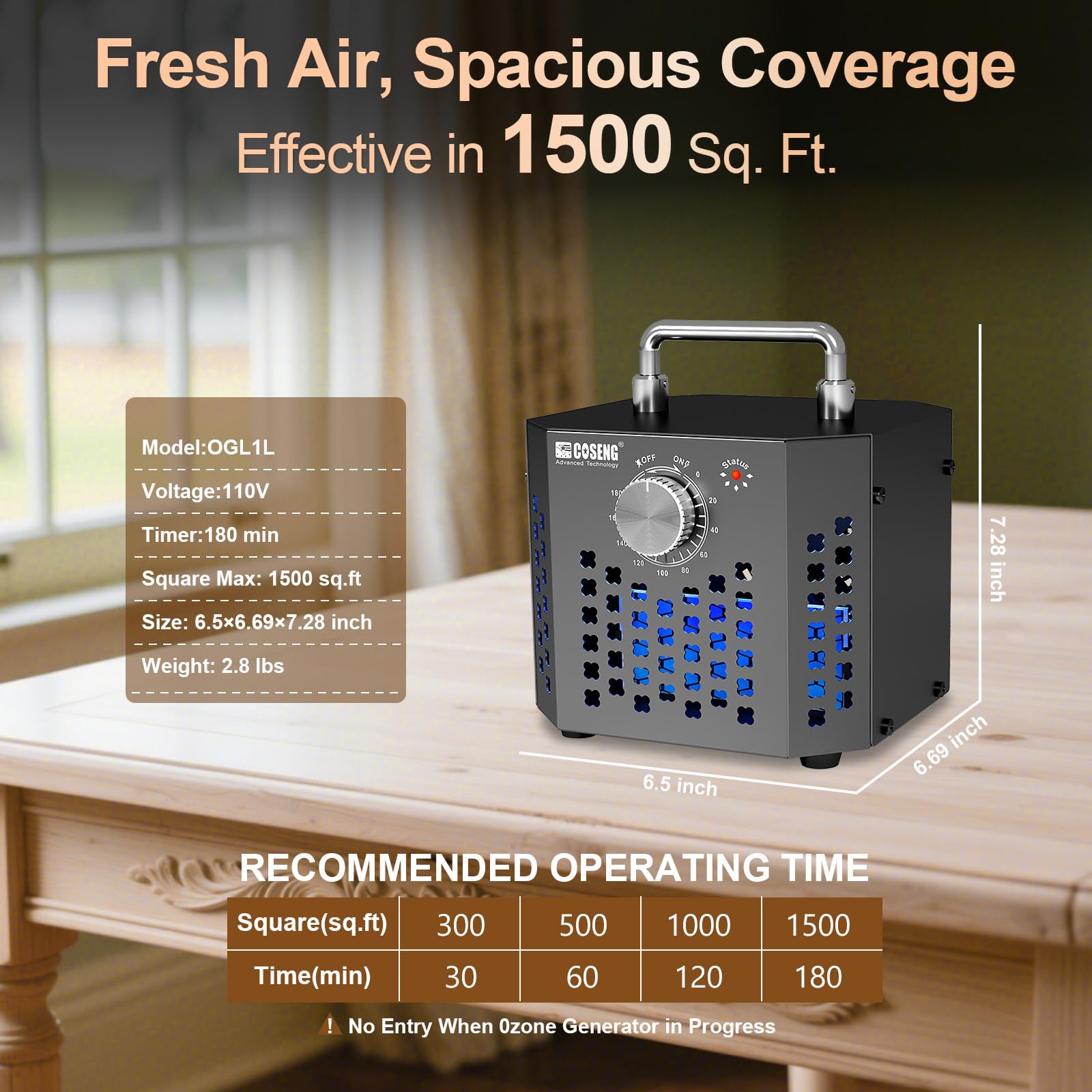 Ozone Generator Car/Home O3 Air Purifier, Ozone Machine Odor Removal and Ozonator up to 1500 Sq.Ft, Powerful Ozone Odor Eliminator for Home, Cars, Basement, Smoke, Pets, Black