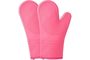 COOK WITH COLOR Silicone Oven Mitts- Heat Resistant Gloves with Soft Quilted Lining Set of 2 Oven Mitt Pot Holders for Cooking and BBQ (Pink)