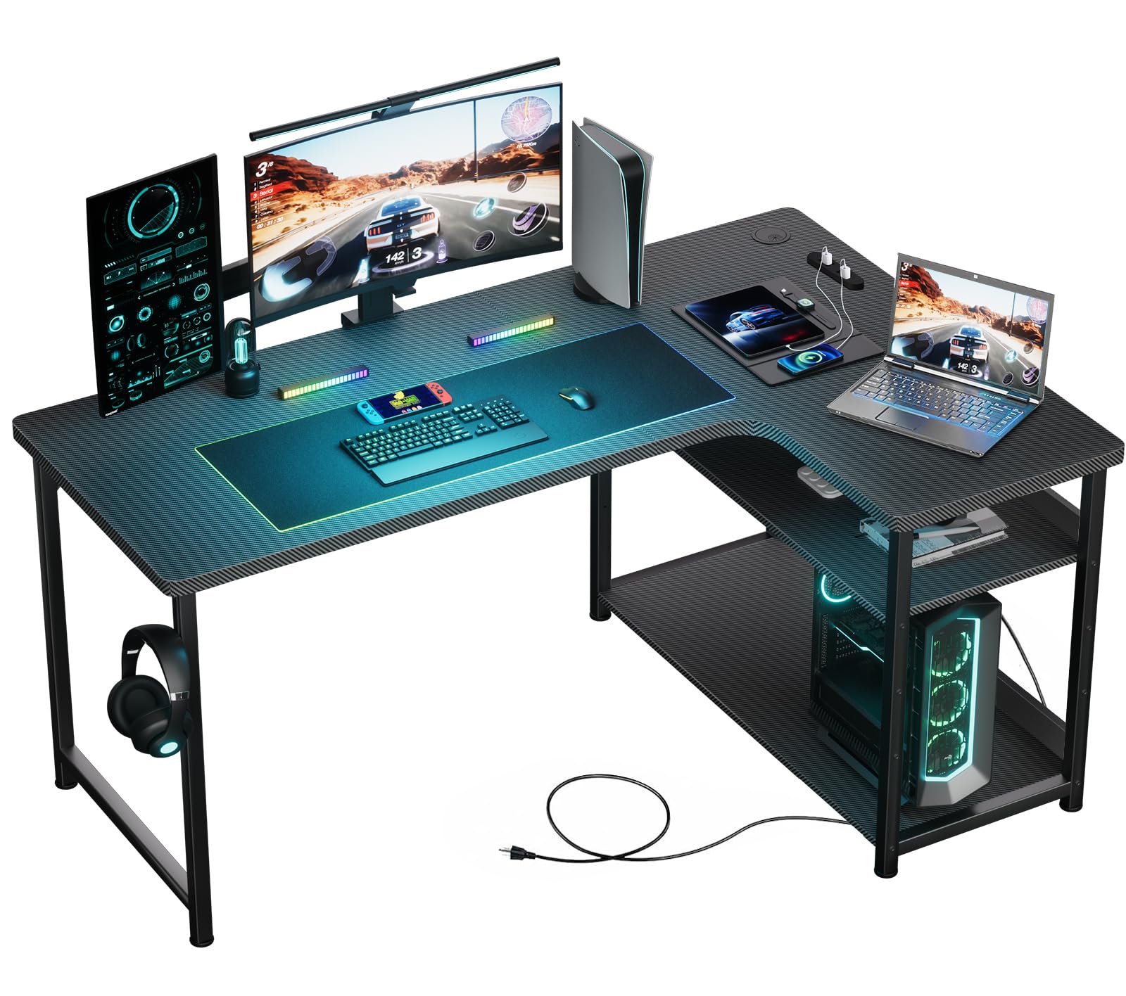 GTRACING ゲーミングデスク カーボン調 コンセント付き パソコンデスク L字 ラック付き モニターアーム対応 棚高さ調節可能 配線穴 右棚 79奥行き*110幅*74.5高さ DL001 ブラック 机 pcデスク 勉強机 ゲームデスク 棚付きl字デスク オフィス 書斎 ワーク商品画像