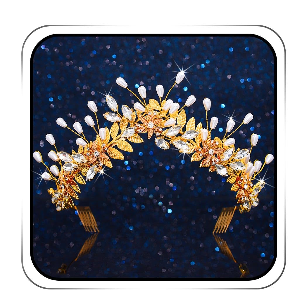 IYOU Bridal Wedding Headband Crown Gold Leaf Hair Bands Tiara Pearl Crystal Bridesmaid Bride Hair Accessories for Women