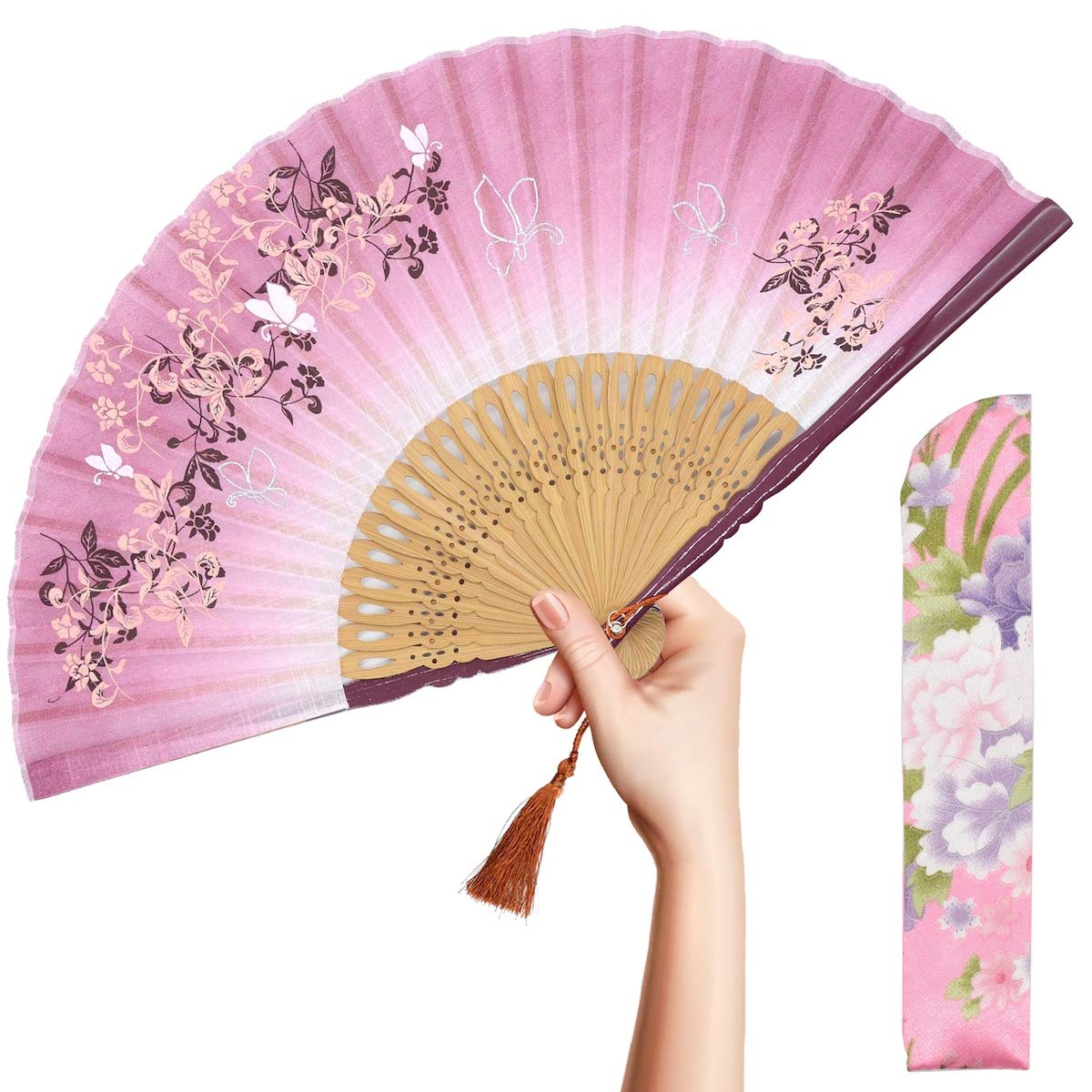 OMyTea "Morning Glory Folding Hand Held Fan for Women - Chinese/Japanese Vintage Retro Style - With a Fabric Sleeve for Protection (Red)