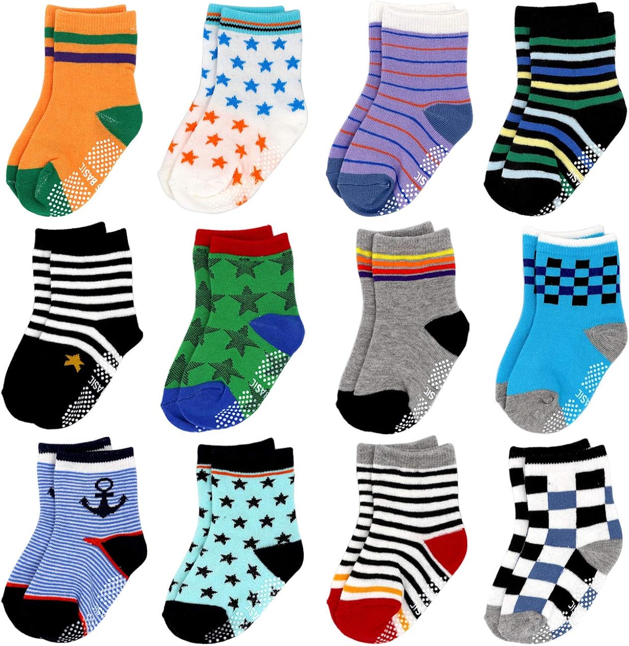 12 Pairs Assorted Baby Toddler Socks with Grips Non Skid